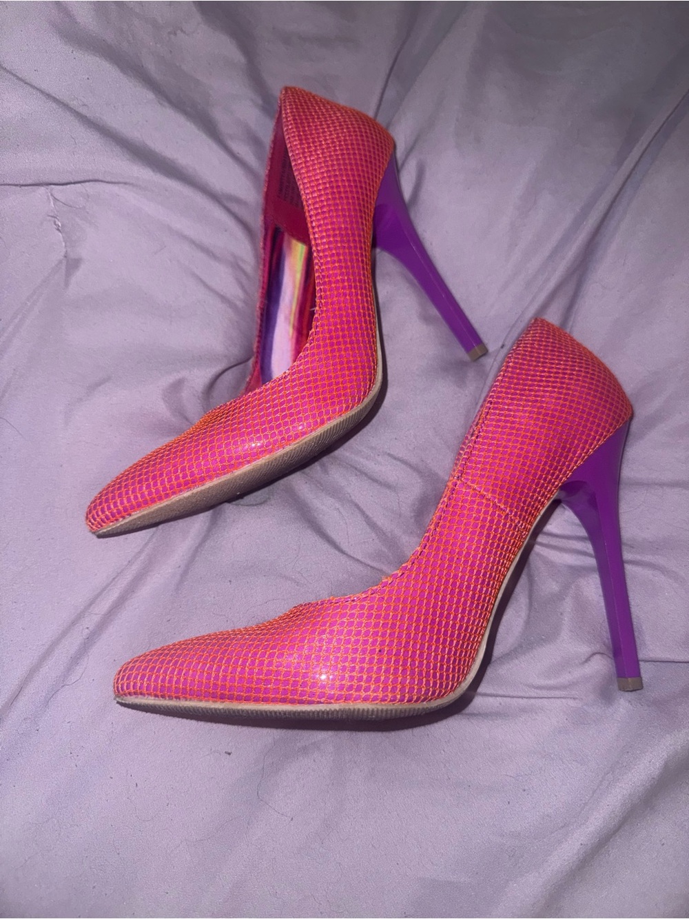 Baby Phat Stylish Pink/coral Mesh Pointed-Toe High Heels with Purple Heel